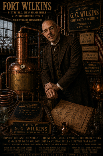 Alchemist G.G. Wilkins at his copper still, Fort Wilkins — Pittsfield, New Hampshire